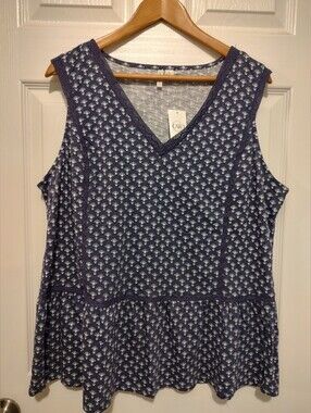 Cato Navy Blue Printed Sleeveless V-Neck Peplum Tank